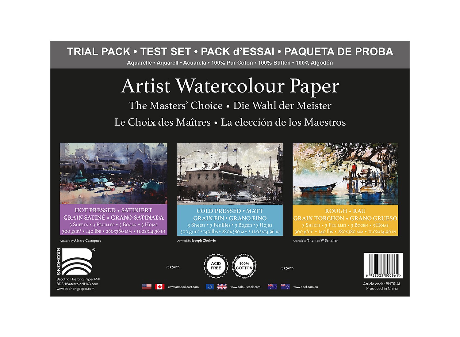BHTRIAL_White_01 BAOHONG Trial Pack Aquarellpapier 300g 28x38cm, 9 Bogen